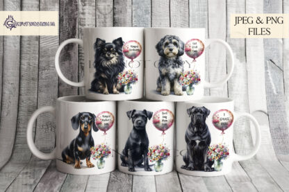 Well Wishing Dog Bundle featuring dogs with flower vases and a textless balloon for customizable messages, perfect for sublimation.