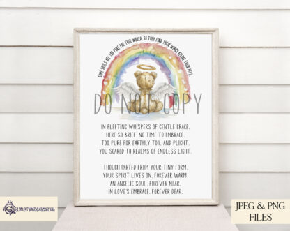 Teddy Bear Rainbow Infant Loss Awareness Design with celestial rainbow and angelic teddy bear. Available in textless and wording options.