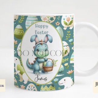 Easter Dinosaur Mug & Coaster Design Set featuring boy and girl-themed mug wraps and matching coaster designs in fun Easter colours.