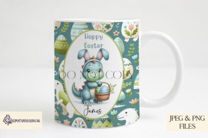 Easter Dinosaur Mug & Coaster Design Set featuring boy and girl-themed mug wraps and matching coaster designs in fun Easter colours.