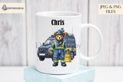 Emergency Services Teddy Bear Design Set featuring police, firefighter, paramedic, and coastguard teddy bears with emergency vehicles.