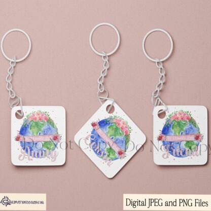 World’s Best Female Watercolour Earth Design Set featuring planet Earth adorned with floral accents and text options such as "Mum," "Sister," and "Teacher."