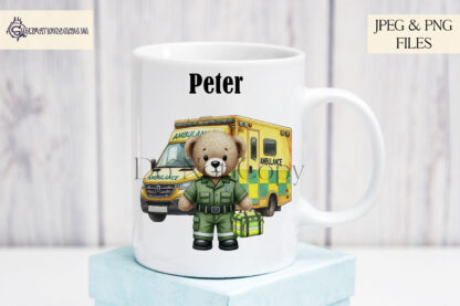 Emergency Services Teddy Bear Design Set featuring police, firefighter, paramedic, and coastguard teddy bears with emergency vehicles.