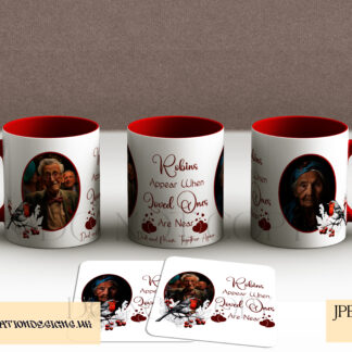 A Robins Appear Memorial Sublimation Design Set, featuring robins, customisable photo spaces, and a comforting message. Comes in PNG format.