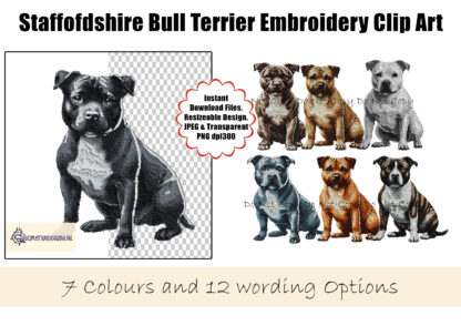 A Staffordshire Bull Terrier embroidery-style clip art set, featuring seven coloured Staffy designs and pet parent wording PNGs. Comes in JPEG and PNG formats.