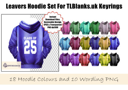 A Leavers Hoodie Clip Art Set, featuring multiple hoodie colours and Class of 2025-2029 wording in black and white text options. Comes in JPEG and PNG formats.