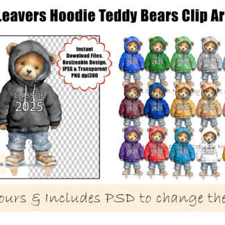 A School Leavers Teddy Bear Clip Art Bundle, featuring a Class of 2025 hoodie in 16 colours, editable PSD file, stack of books, and chalkboard elements. Comes in JPEG, PNG, and PSD formats.