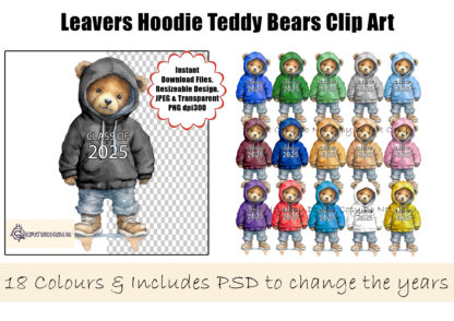 A School Leavers Teddy Bear Clip Art Bundle, featuring a Class of 2025 hoodie in 16 colours, editable PSD file, stack of books, and chalkboard elements. Comes in JPEG, PNG, and PSD formats.