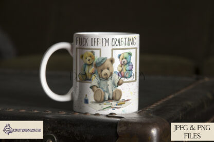 A creative bear-themed design set, featuring Arty The Bear with artistic tools and paintsplash backgrounds. Includes tin, mug wrap, and resizeable templates, plus a bonus design without the background. Comes in JPEG and PNG formats.