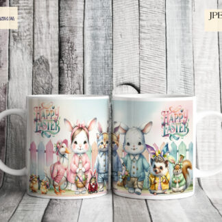 Adorable Easter Animal Mug Wrap Collection featuring rabbits, chicks, ducks, and hedgehogs in textless and "Happy Easter" versions, perfect for sublimation on mugs.