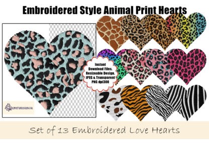 A realistic embroidered-style animal print love heart set, featuring 13 textless designs with leopard, giraffe, and vibrant variations. Comes in PNG format.