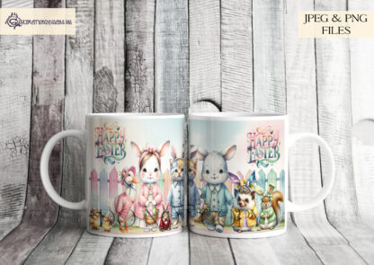 Adorable Easter Animal Mug Wrap Collection featuring rabbits, chicks, ducks, and hedgehogs in textless and "Happy Easter" versions, perfect for sublimation on mugs.