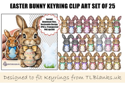 A 25-piece Easter Bunny Keyring Clip Art Set, featuring 24 colourful bunnies and an optional background. Designed in collaboration with TLBlanks. Comes in JPEG and PNG formats.