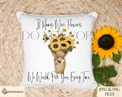 A Mother’s Day floral bouquet design set, featuring sunflowers and peonies, with textless and wording variations for Mum, Mam, and Mom. Comes in JPEG and PNG formats.