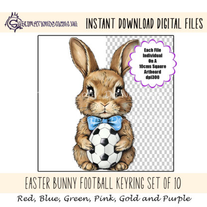 A 10-piece Easter Bunny Football Keyring design set, featuring male and female bunnies holding football-patterned eggs in gold, red, blue, pink, and green bow variations. Comes in JPEG and PNG formats.