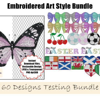 An Embroidery-Style Tester Bundle, featuring 60 stitched-effect designs, including flags, footballs, bows, alphabets, and Easter themes. Comes in JPEG and PNG formats.