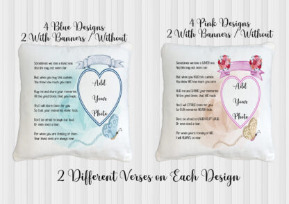 A Memory Pillows Design Set, featuring eight sublimation-ready templates for remembrance pillows, with editable PSD files. Comes in JPEG, PNG, and PSD formats.