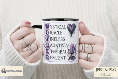 A Gothic Mother Acrostic Design Set, featuring a dark and mystical acrostic wording, available in black and purple variations. Comes in JPEG and PNG formats.