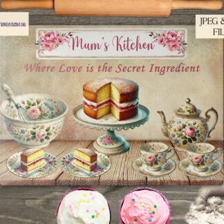 Vintage Floral Kitchen Design Set featuring floral teapot, mugs, cake bowl, and Victoria sponge cake in rustic vintage style, perfect for sublimation on chopping boards and kitchen décor.