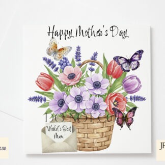 A Flower and Butterfly Design Set, featuring bouquets, vases, baskets, and daffodil arrangements with and without Happy Mother’s Day wording. Comes in JPEG and PNG formats.