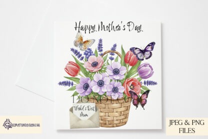 A Flower and Butterfly Design Set, featuring bouquets, vases, baskets, and daffodil arrangements with and without Happy Mother’s Day wording. Comes in JPEG and PNG formats.