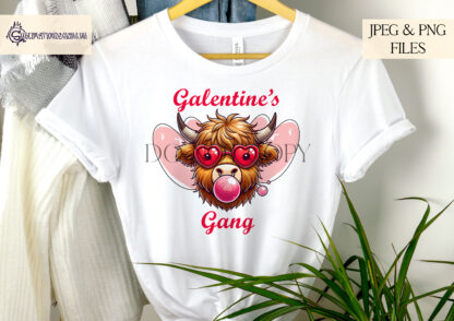 Highland Cow Galentine’s Day Design Set featuring a Highland cow blowing a bubble, wearing pink heart sunglasses, perfect for sublimation on T-shirts, mugs, and tote bags.