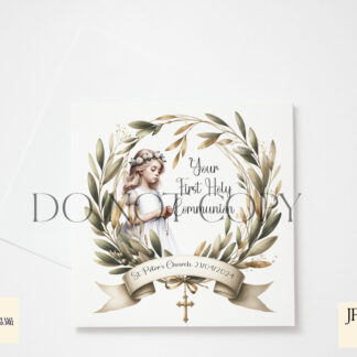 First Holy Communion Wreath Design Set featuring 24 designs with boys and girls in Communion attire, set within elegant wreaths, available in textless and "Your First Holy Communion" variations.