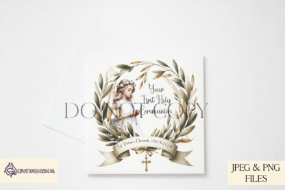 First Holy Communion Wreath Design Set featuring 24 designs with boys and girls in Communion attire, set within elegant wreaths, available in textless and "Your First Holy Communion" variations.