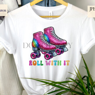 Retro Roller Skates Design Set featuring a sparkling pink pair of roller skates with a rainbow-patterned heel, available in textless and "ROLL WITH IT" variations, perfect for sublimation on T-shirts, mugs, and keyrings.