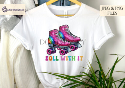 Retro Roller Skates Design Set featuring a sparkling pink pair of roller skates with a rainbow-patterned heel, available in textless and "ROLL WITH IT" variations, perfect for sublimation on T-shirts, mugs, and keyrings.