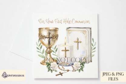 Holy Communion Bible digital design set featuring six designs in gold, pink, and blue, with text and textless variations. Includes three mock-ups.