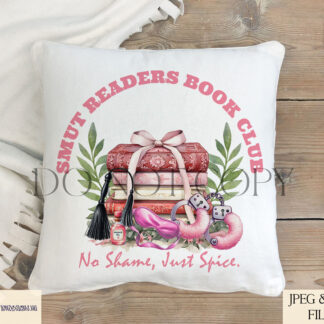 Smut Readers Book Club Design Set featuring a floral book stack with handcuffs, massage oil, whip, and blindfold, perfect for sublimation on tote bags, bookmarks, mugs, and T-shirts.