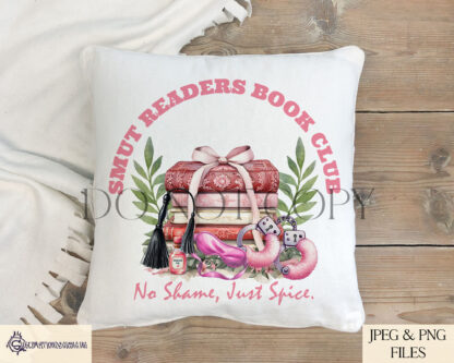 Smut Readers Book Club Design Set featuring a floral book stack with handcuffs, massage oil, whip, and blindfold, perfect for sublimation on tote bags, bookmarks, mugs, and T-shirts.