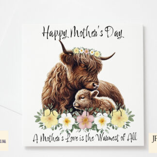 A mother and baby Highland cow design set featuring floral elements and heartfelt messages. Includes textless, "A Mother’s Love Is the Warmest of All", and "A Mother’s Love Is the Cosiest Place to Be" variations. Comes in JPEG and PNG formats.