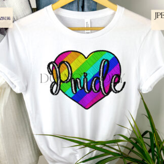 A realistic embroidered-style Pride Love Heart design set, featuring two variations: textless and "Pride" wording. Comes in JPEG and PNG formats.