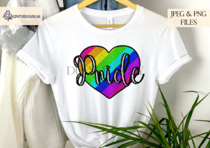 A realistic embroidered-style Pride Love Heart design set, featuring two variations: textless and "Pride" wording. Comes in JPEG and PNG formats.