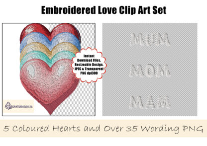 A realistic embroidered-style Love Heart clip art set, featuring five coloured hearts and over 35 relationship words for family, friends, and partners. Comes in PNG format.