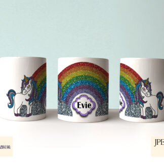 A 4-piece Glittery Unicorn Mug Wrap Set, featuring blue, pink, and purple sky backgrounds with a personalisation banner under the rainbow. Comes in JPEG and PNG formats.