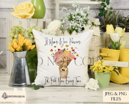 A Mother’s Day floral bouquet design set, featuring sunflowers and peonies, with textless and wording variations for Mum, Mam, and Mom. Comes in JPEG and PNG formats.