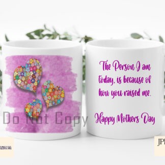 A 12-piece Mother’s Day Mug Wrap Set, featuring floral heart designs with brushstroke backgrounds in teal, pink, and grey. Includes four sentimental message options. Comes in JPEG and PNG formats.