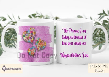 A 12-piece Mother’s Day Mug Wrap Set, featuring floral heart designs with brushstroke backgrounds in teal, pink, and grey. Includes four sentimental message options. Comes in JPEG and PNG formats.