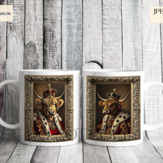 Regal Highland Cow Portraits Design Set featuring king and queen Highland cows on a throne, available with and without a traditional gold gilded frame, perfect for sublimation on wall art, mugs, and novelty gifts.