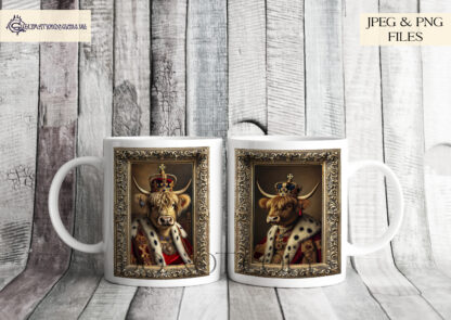 Regal Highland Cow Portraits Design Set featuring king and queen Highland cows on a throne, available with and without a traditional gold gilded frame, perfect for sublimation on wall art, mugs, and novelty gifts.