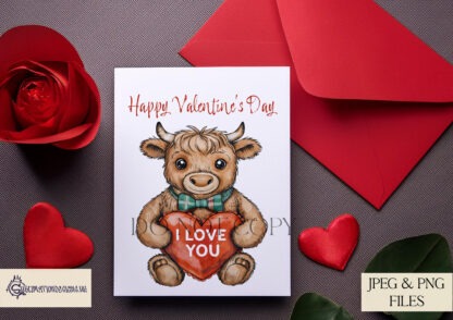 A Highland Cow Love Teddy design set, featuring a teddy bear sitting with a love heart pillow in three variations: textless, "I Love You", and "Happy Valentine’s Day". Comes in JPEG and PNG formats.