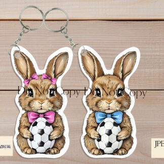 A 10-piece Easter Bunny Football Keyring design set, featuring male and female bunnies holding football-patterned eggs in gold, red, blue, pink, and green bow variations. Comes in JPEG and PNG formats.