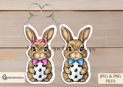 A 10-piece Easter Bunny Football Keyring design set, featuring male and female bunnies holding football-patterned eggs in gold, red, blue, pink, and green bow variations. Comes in JPEG and PNG formats.