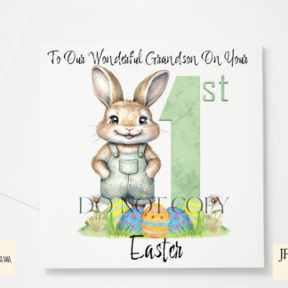 A My First Easter Boy Bunny in Dungarees design set, featuring textless and "1st" variations for personalisation. Comes in JPEG and PNG formats.