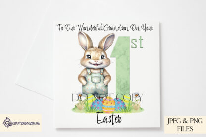 A My First Easter Boy Bunny in Dungarees design set, featuring textless and "1st" variations for personalisation. Comes in JPEG and PNG formats.