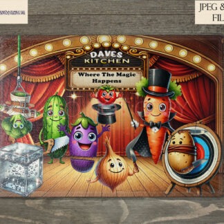 A Kitchen Magic design, featuring vegetables performing magic tricks on stage with three wording variations. Comes in JPEG and PNG formats.