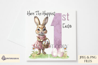 A My First Easter Girl Bunny in Pink Floral Dress design set, featuring textless and "1st" variations for personalisation. Comes in JPEG and PNG formats.